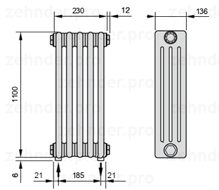 Схема (чертеж) Радиатор Zehnder Charleston 4110/5 №5310 Белый глянцевый RAL 9016